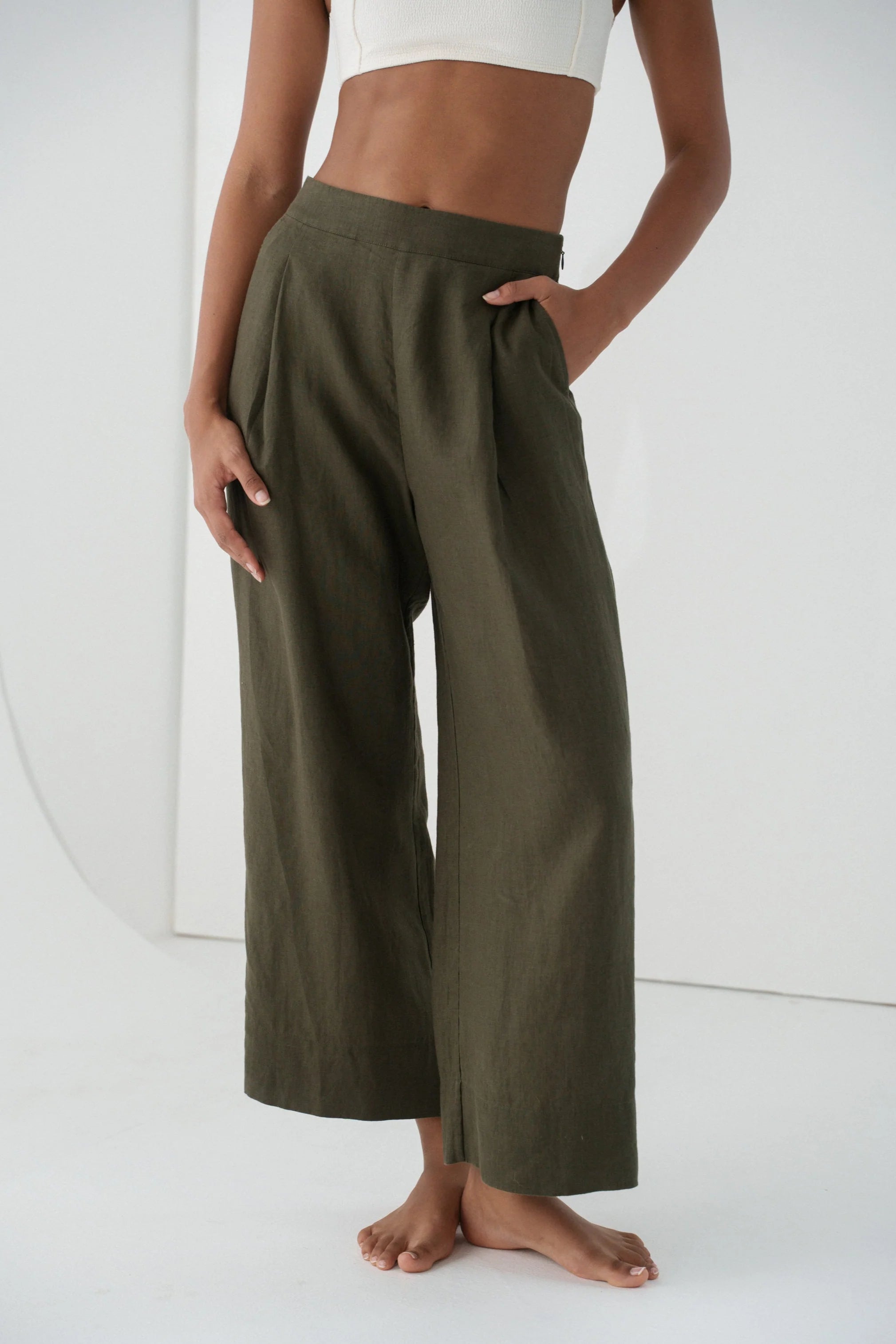Lilly Pilly Ivy Linen Crop Pants - Khaki