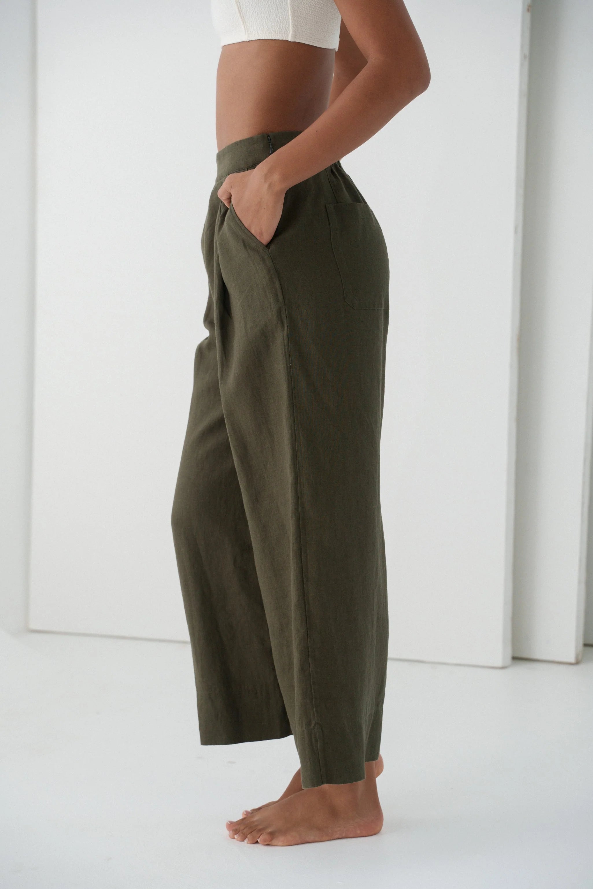 Lilly Pilly Ivy Linen Crop Pants - Khaki