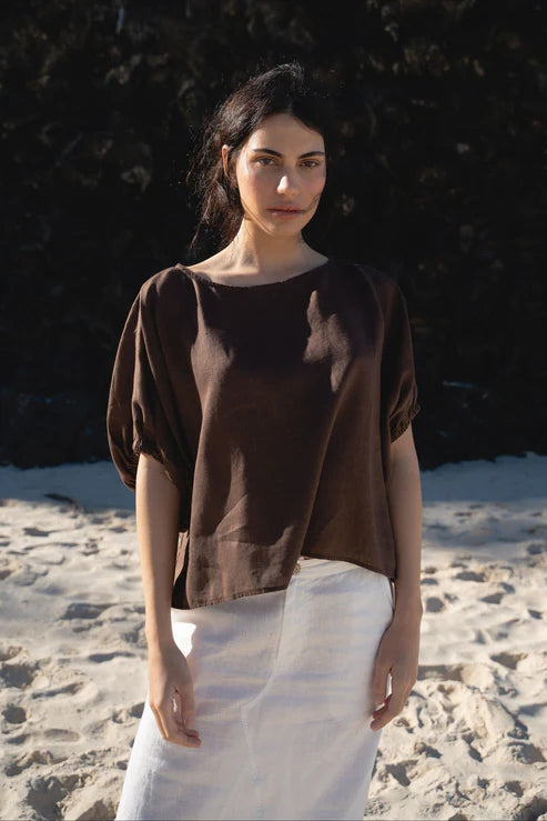 Lilly Pilly Tina Linen Top - Chocolate