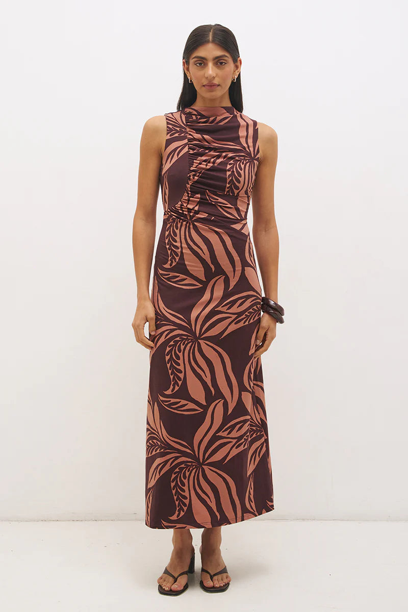 Mon Renn Farah Ruched Dress - Flowy Leaf Print