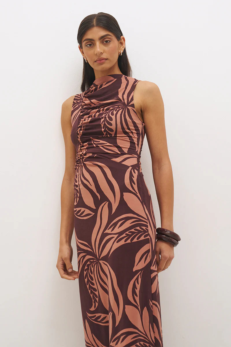 Mon Renn Farah Ruched Dress - Flowy Leaf Print