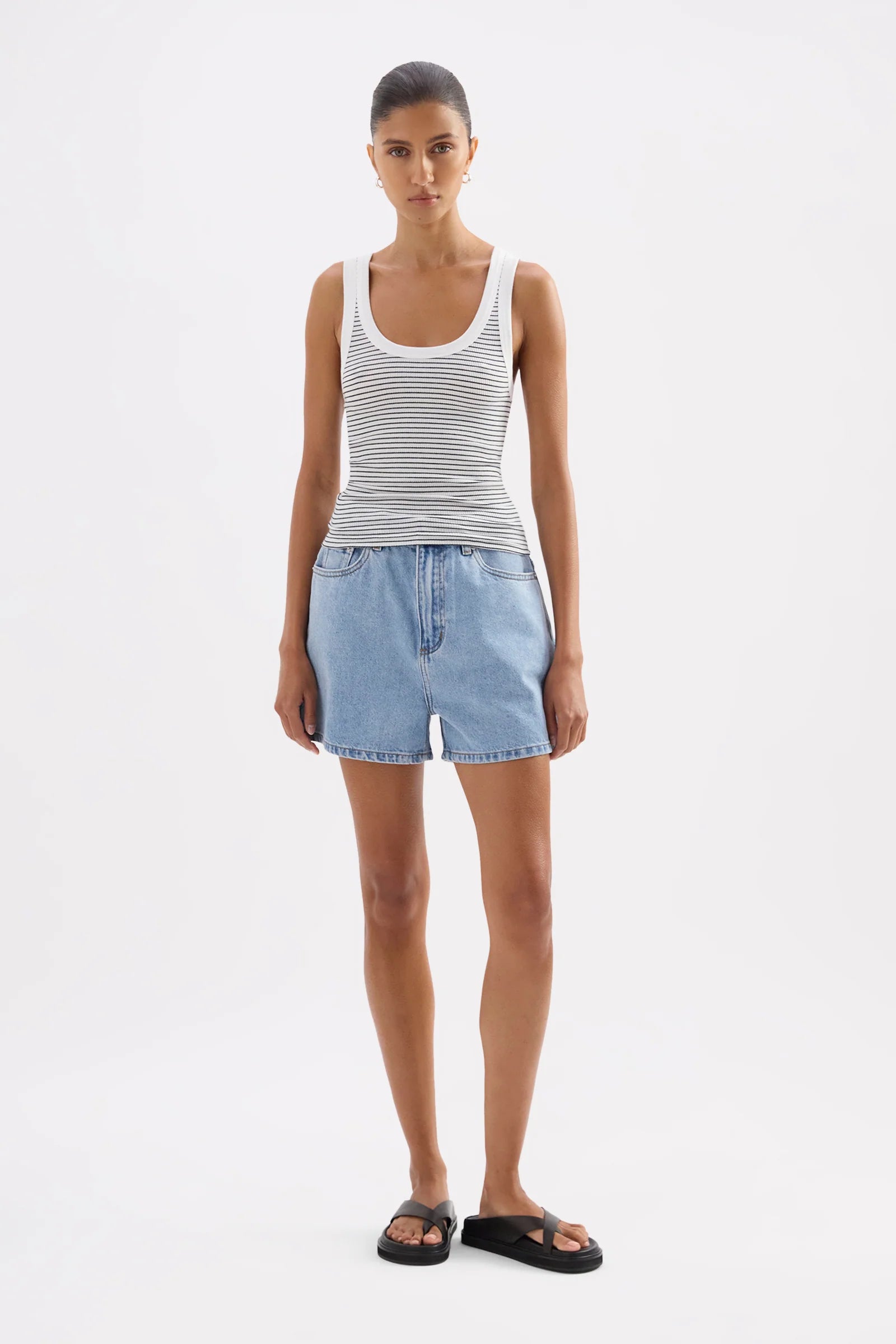 Nude Lucy Organic Stripe Rib Singlet - White Stripe