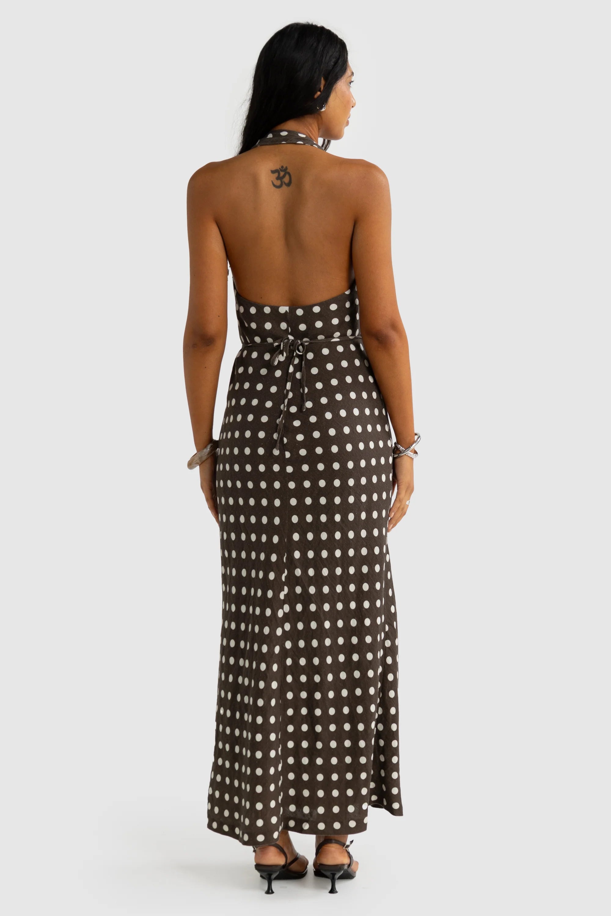 ORTC Elise Linen Wrap Full Length Dress - Carob Polkadot