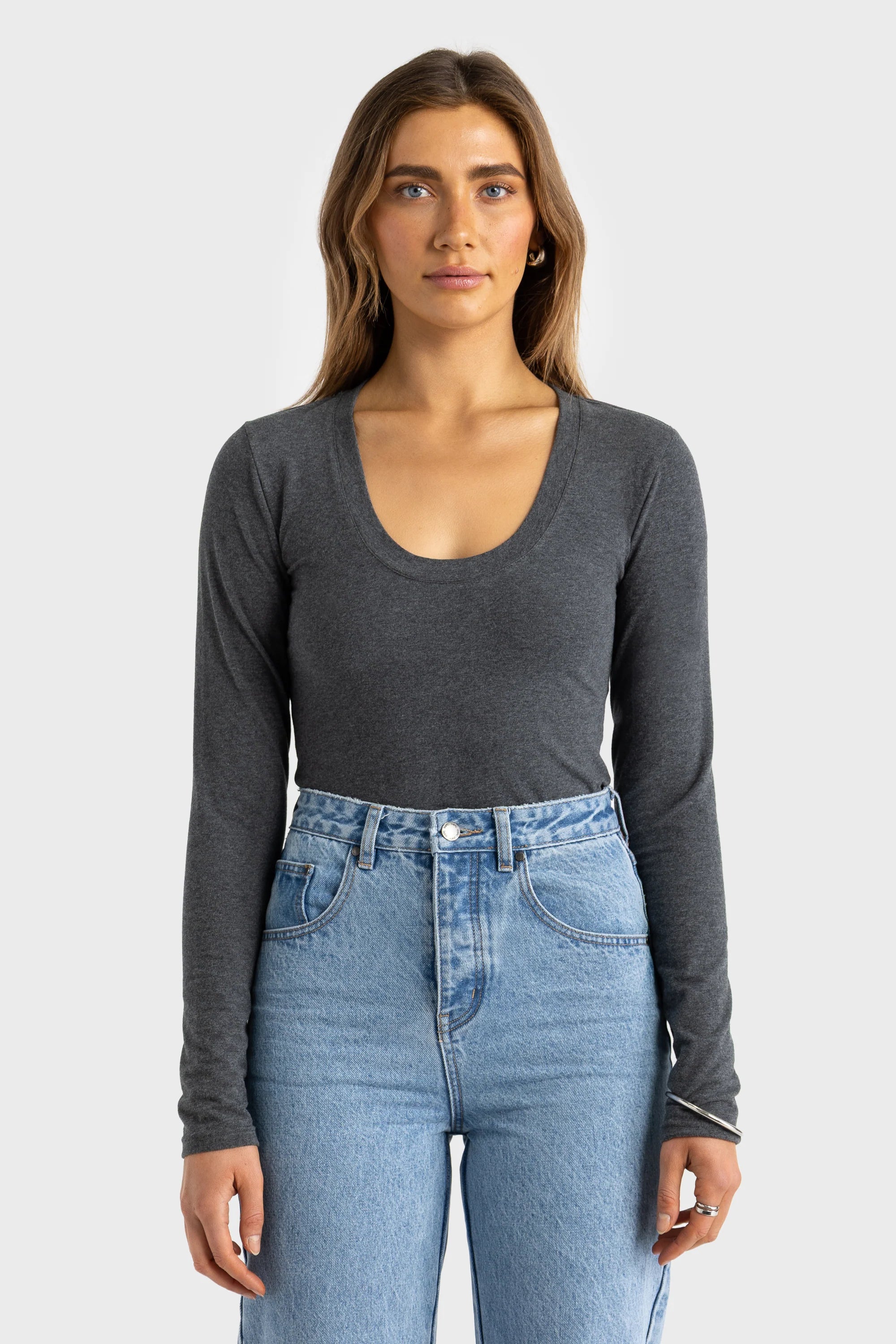 ORTC Evie Scoop Long Sleeve Top - Charcoal Marle