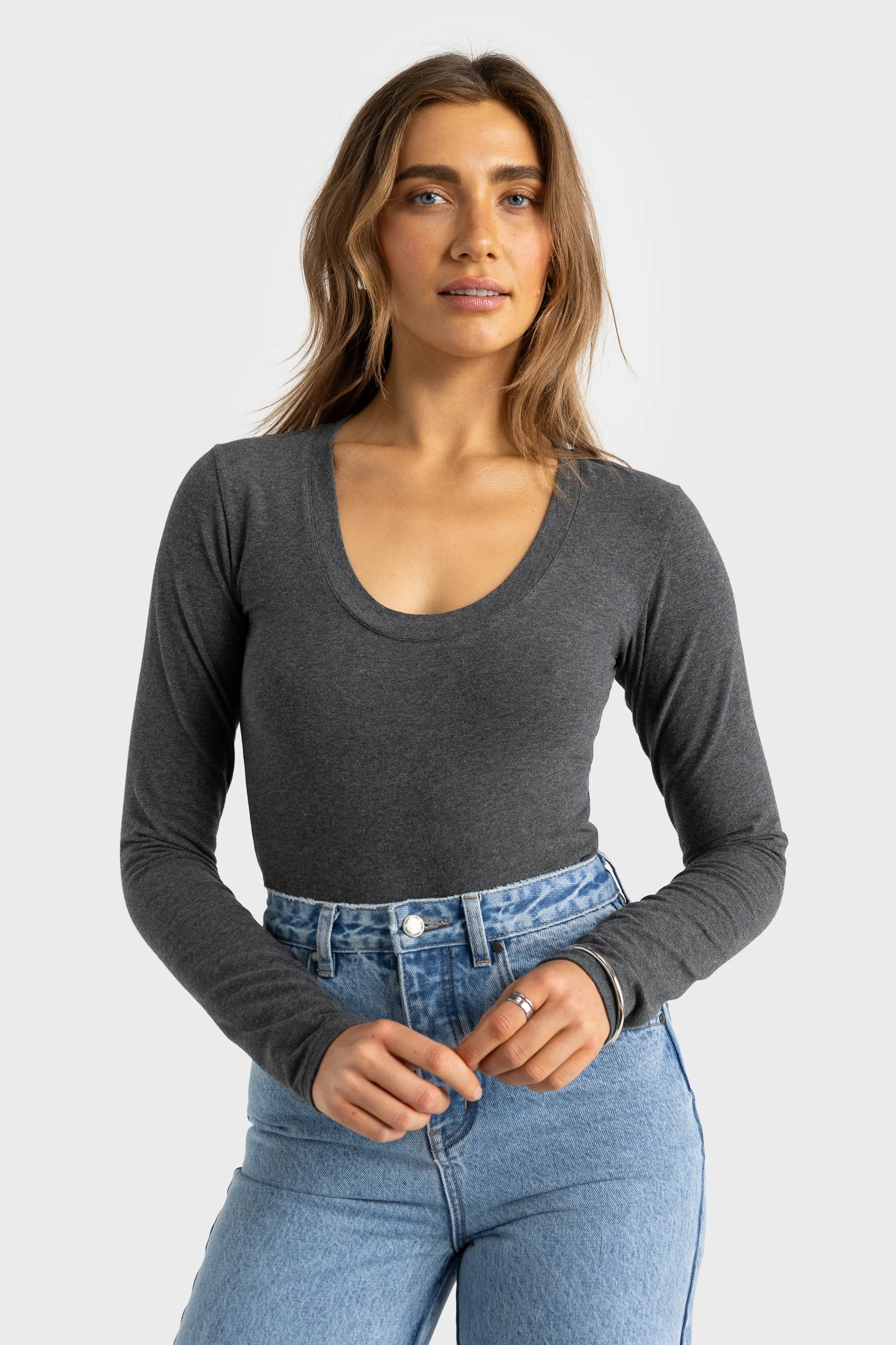 ORTC Evie Scoop Long Sleeve Top - Charcoal Marle