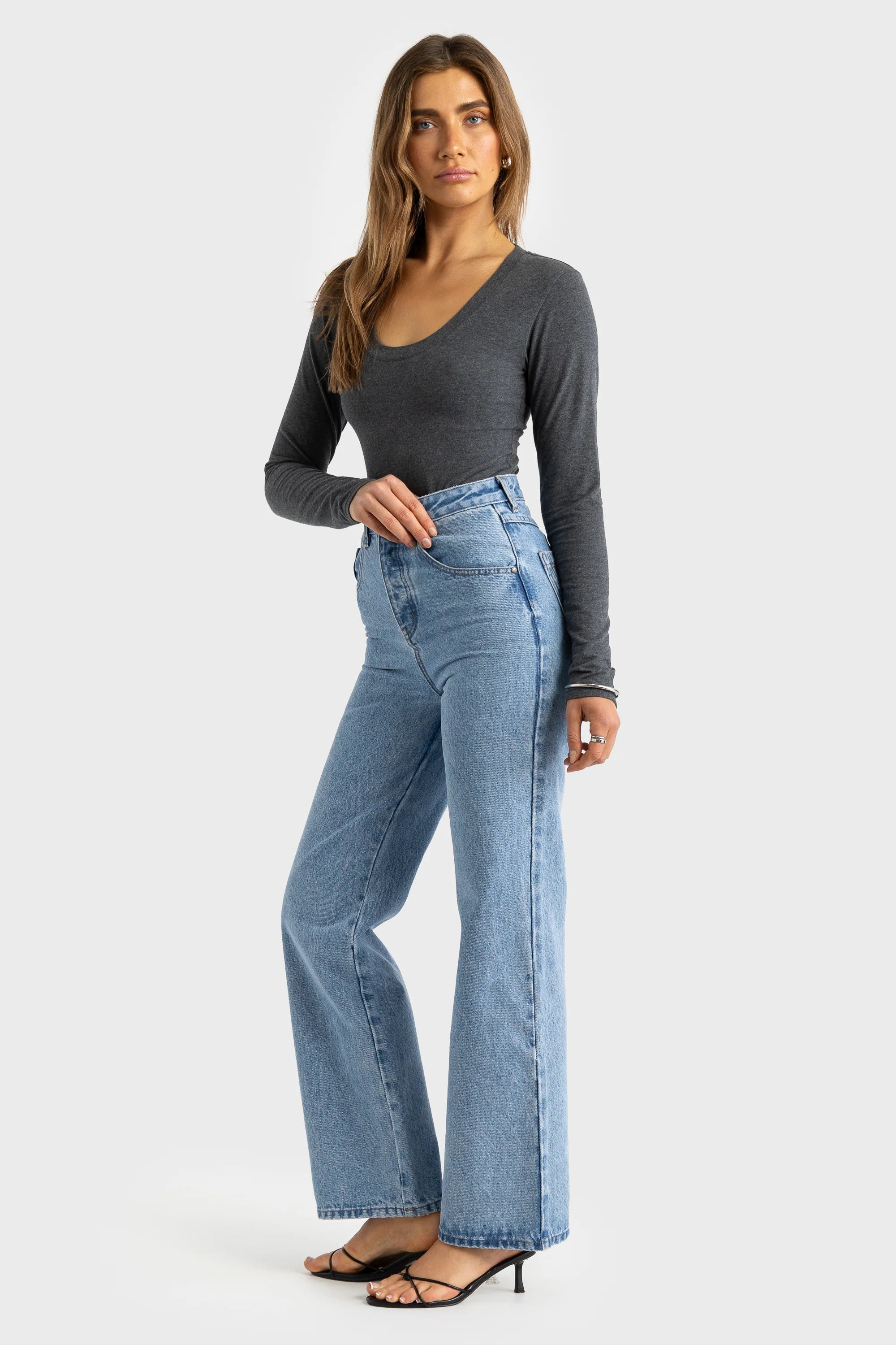 ORTC Evie Scoop Long Sleeve Top - Charcoal Marle