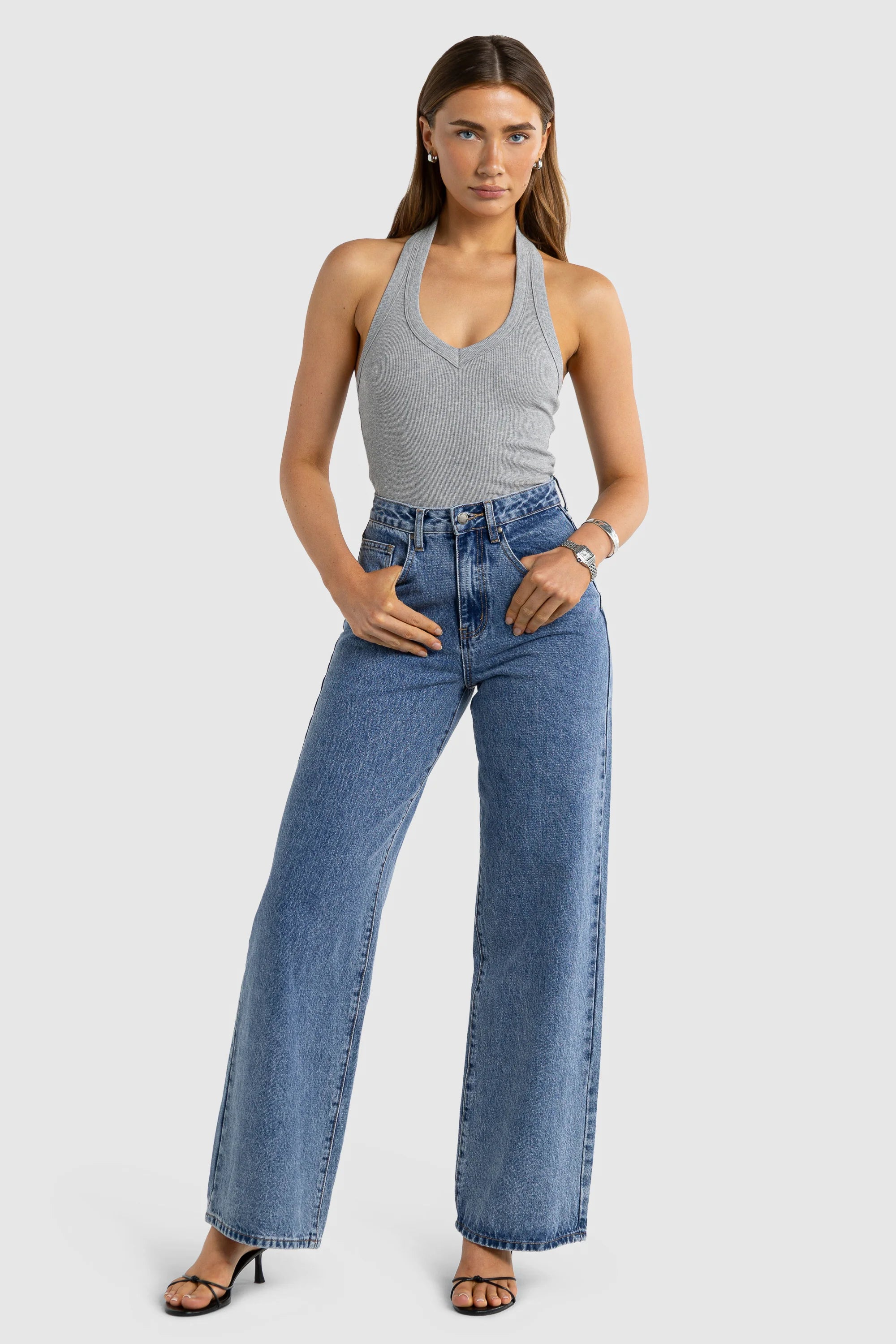 ORTC Sunday V Neck Halter Tank - Grey Marle