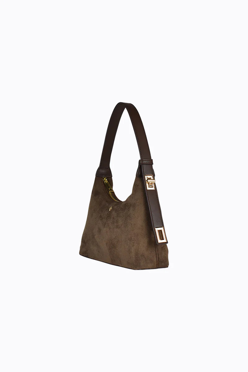 Peta + Jain Sylvie Buckle Shoulder Bag - Choc Suede/Gold