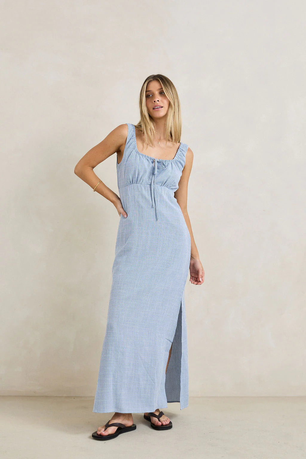 Rhythm Del Rio Gathered Maxi Dress - Blue Check