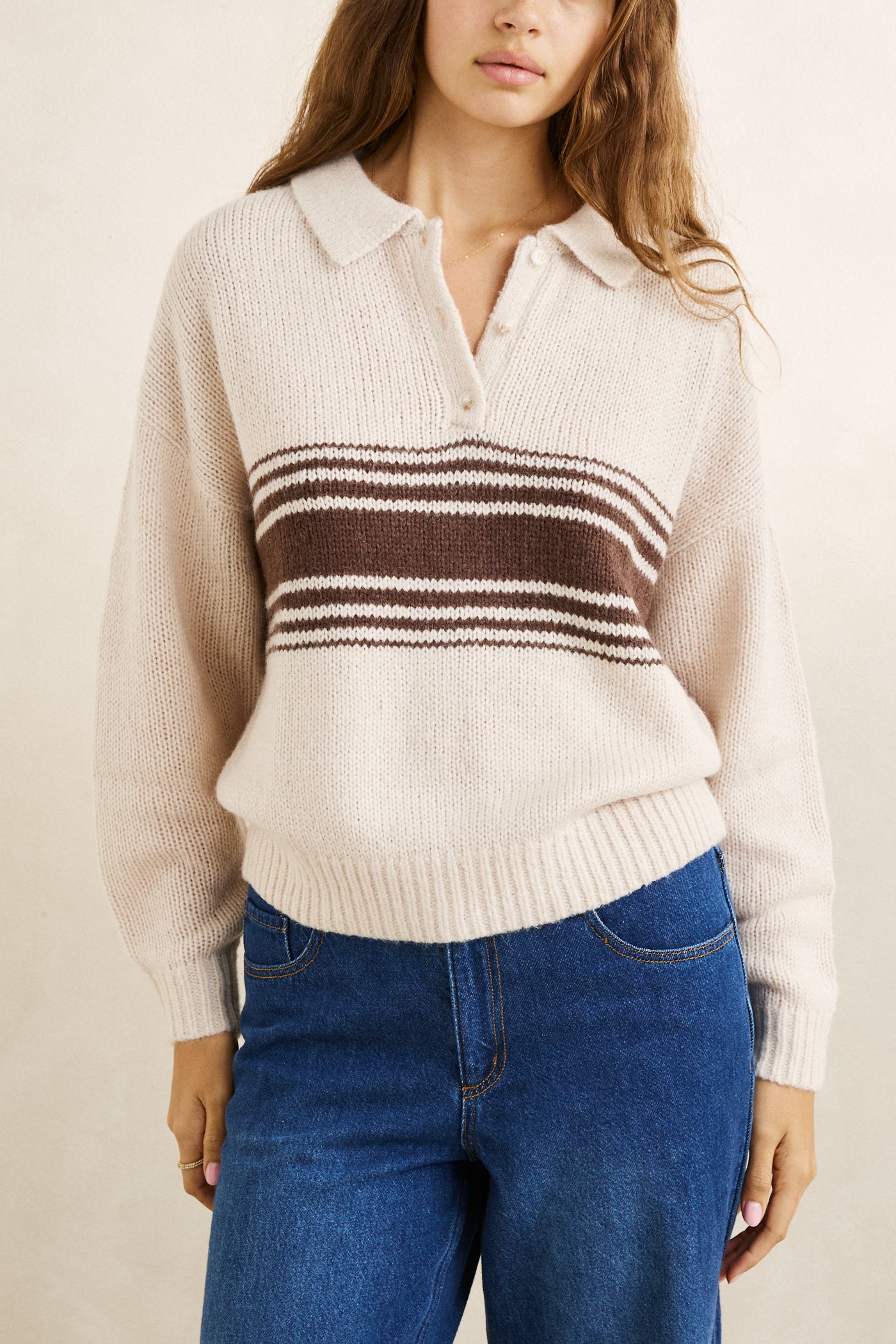 Rhythm Strata Knit Collared Jumper - Natural