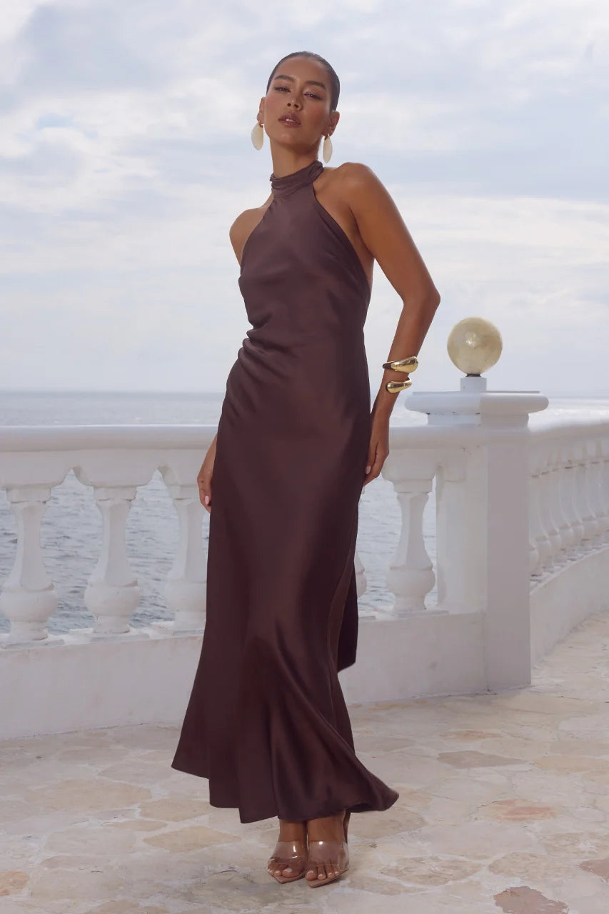 Runaway The Label Arabelle High Neck Maxi Dress - Chocolate