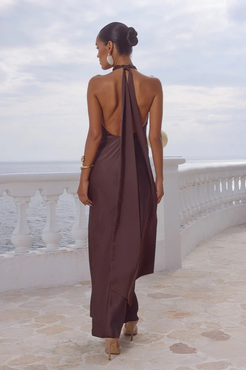 Runaway The Label Arabelle High Neck Maxi Dress - Chocolate