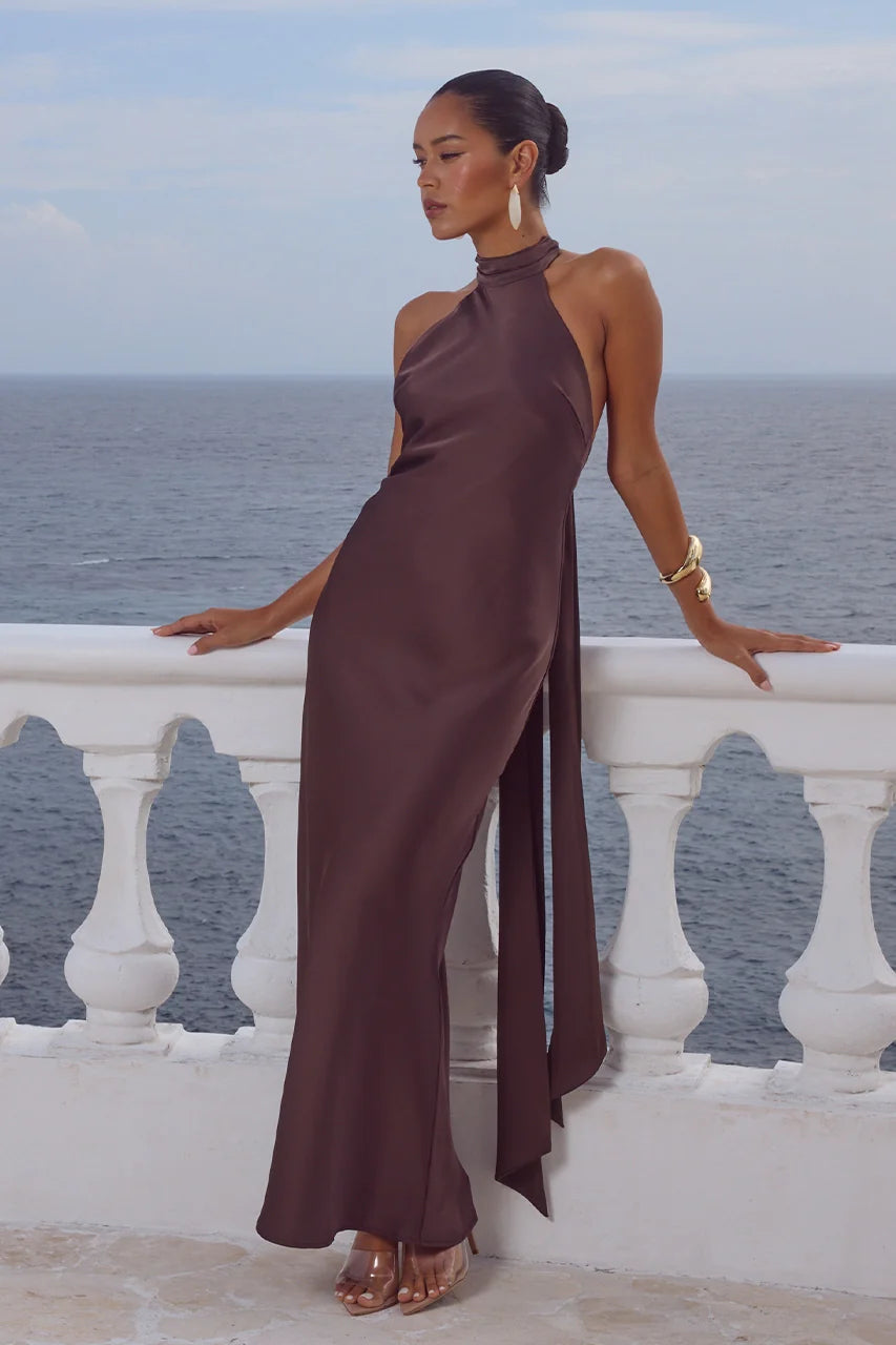Runaway The Label Arabelle High Neck Maxi Dress - Chocolate
