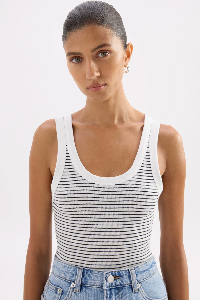 Nude Lucy Organic Stripe Rib Singlet - White Stripe
